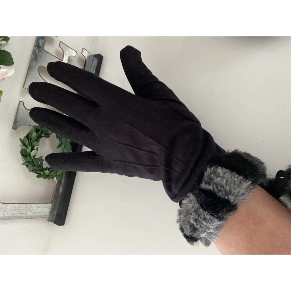 Vintage XS Women's Faux Fur Trim Gloves Winter Warm Black Gray Animal Print New